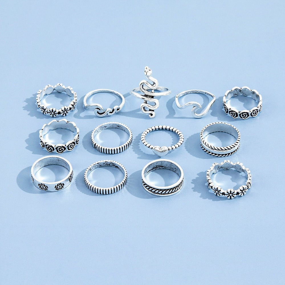 Playful Flower Love Geometric Snake Ring Set - 13 Pcs