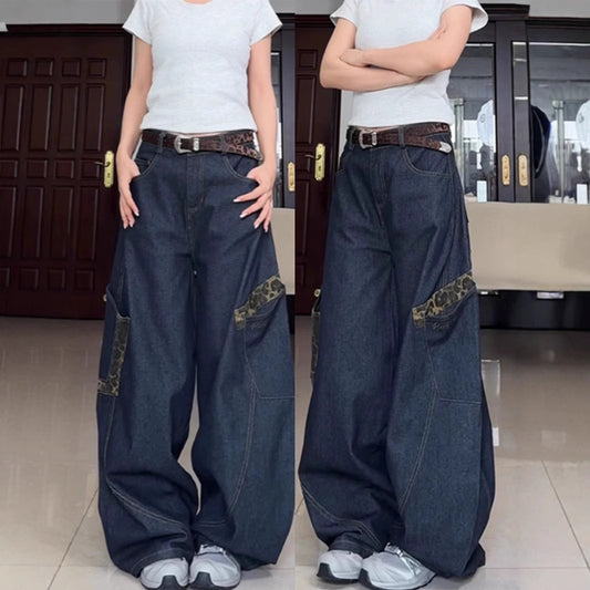 Retro Leopard Print Patchwork Curved Jeans