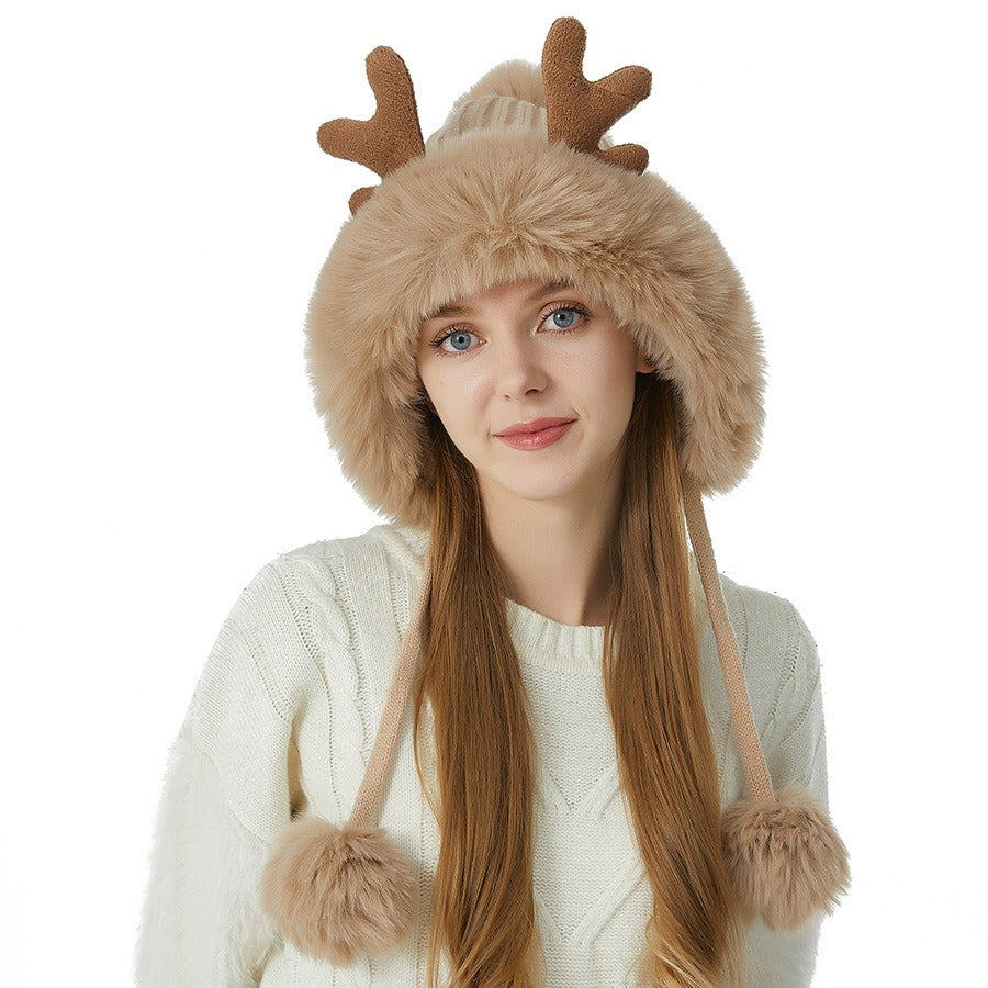 Playful Deer Horn Wool Ball Knitted Hat