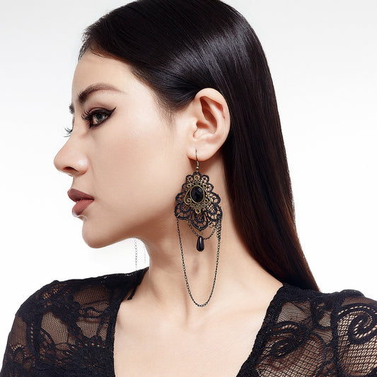 Harajuku Style Black Teardrop Crystal Tassel Earrings