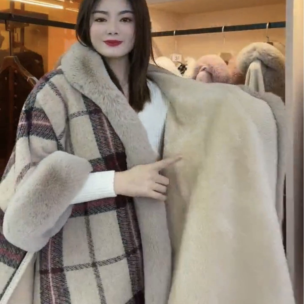 Poncho with Fleece Lining - Thick Knitted Hooded Shawl Featuring Fur Collar and Tassels