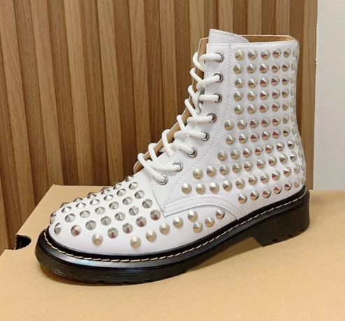 Pink Rivet Lace Up Motorcycle Boots Genuine Leather Flat Platform Girls' Short Ankle Boots Outdoor Fashion Street Boots