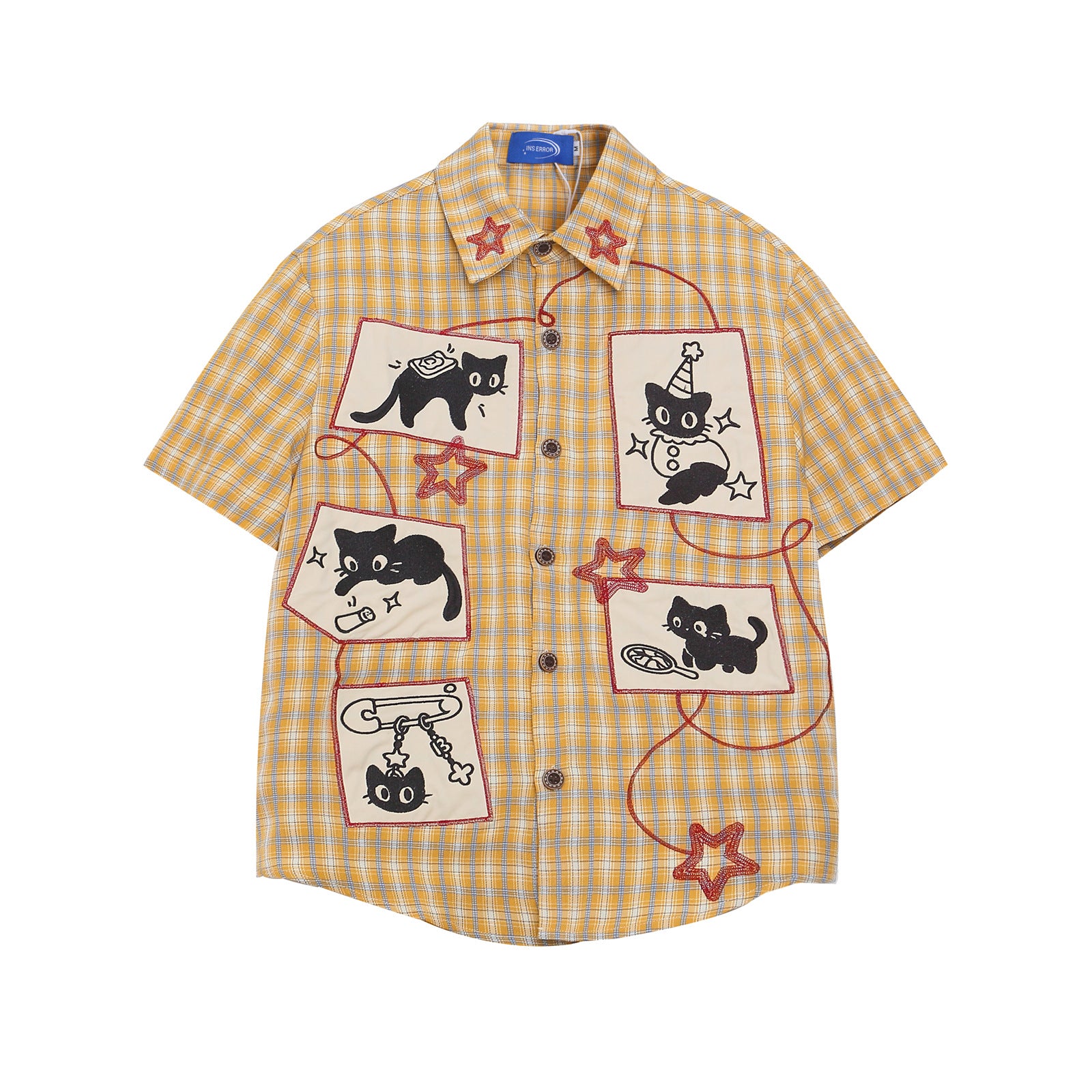 Retro Cute Cat Applique Short Sleeve Shirt