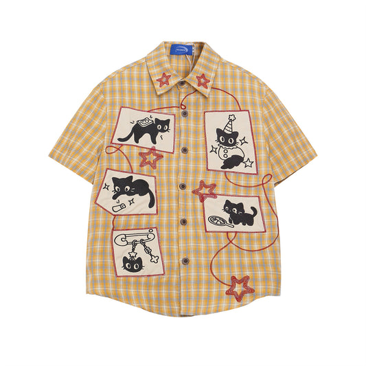 Retro Cute Cat Applique Short Sleeve Shirt
