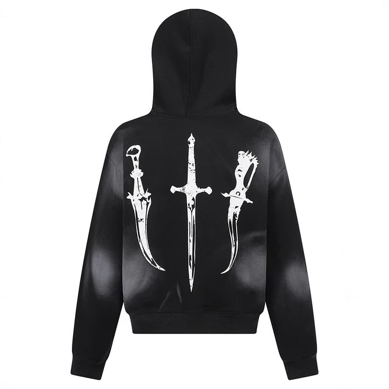 Printed Fur Collar Hoodie Top Dark Jacket