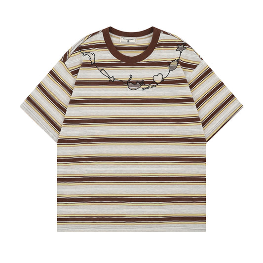 Retro Stripe Cat Embroidery T-Shirt