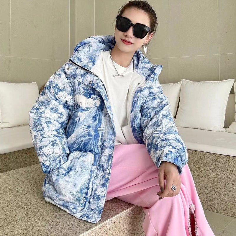 Thickened Warm Cotton Coat with Portrait Print