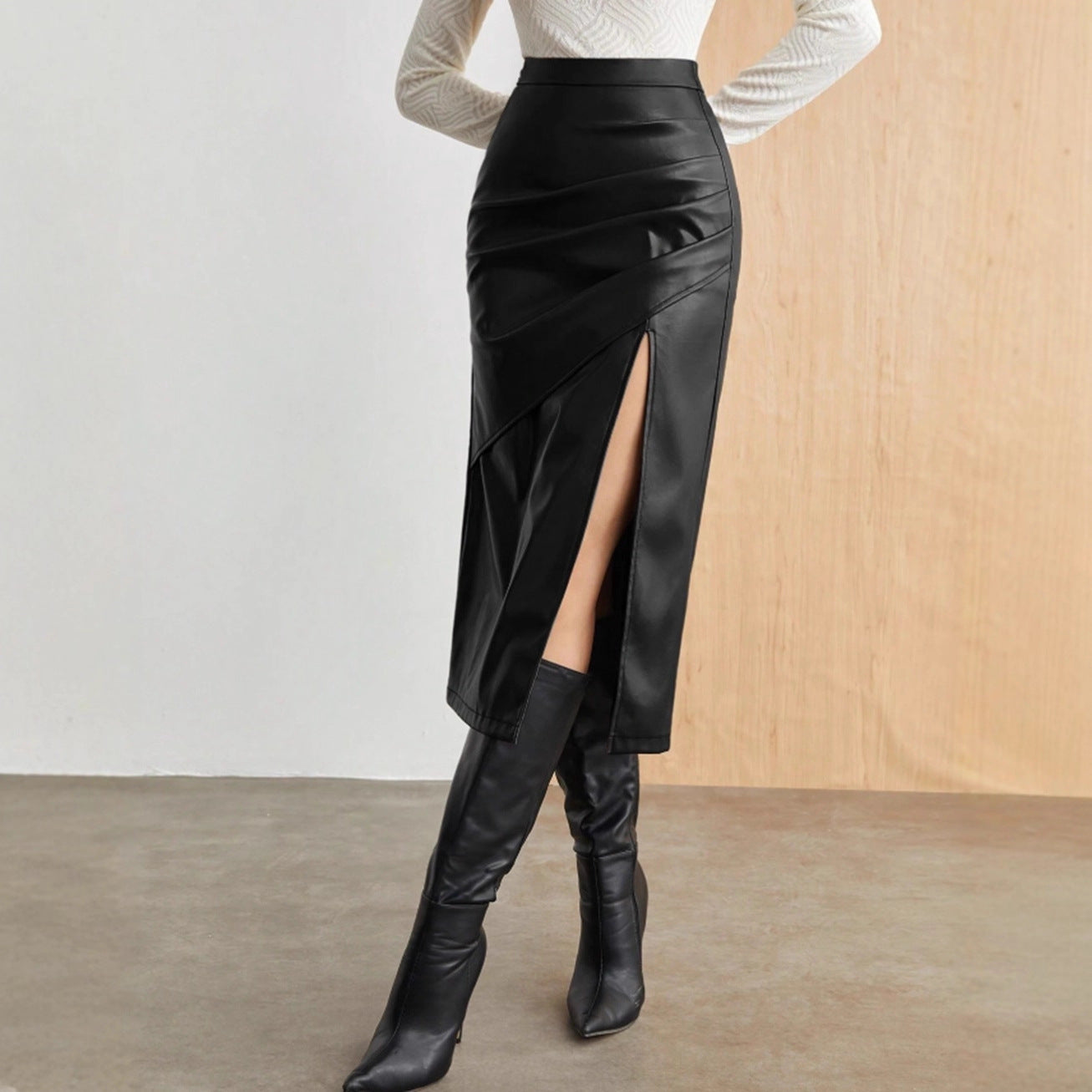 Solid Color High-Waisted Figure-Hugging Split Skirt