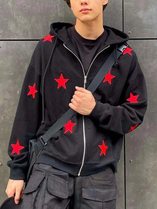 Men's Contrast Star Hooded Zip Up Hoodie - Harajuku Style