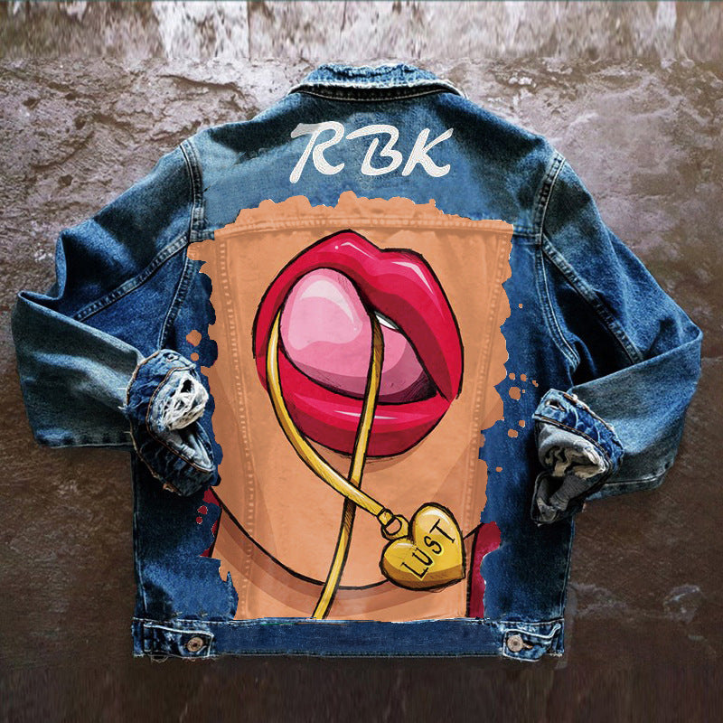 Playful Tongue-Out Print Denim Jacket