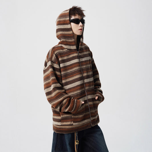 Brown Vintage Stripe Spliced Hoodie Unisex Fashion Brand Loose Casual Couple Long Sleeve Outerwear