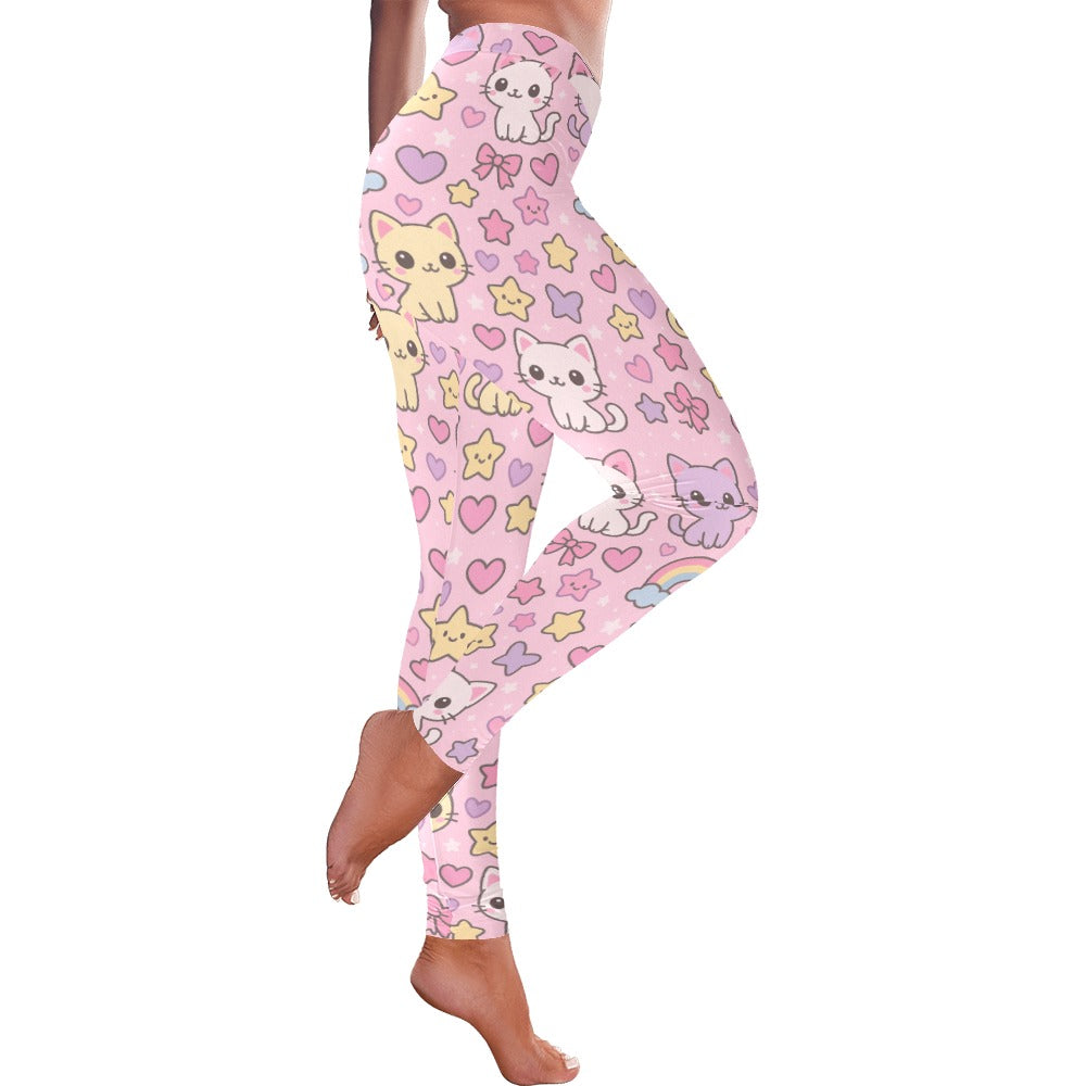 Pink Harajuku Cat Rainbow Collage Women's All-Over Low Rise Leggings