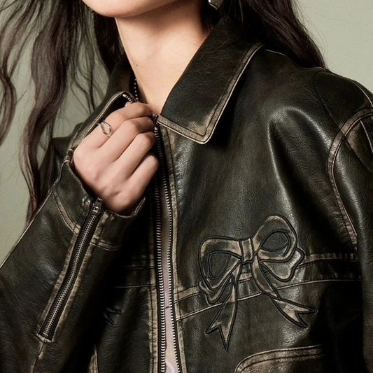 Harajuku Style Women's Bow PU Motorcycle Leather Jacket