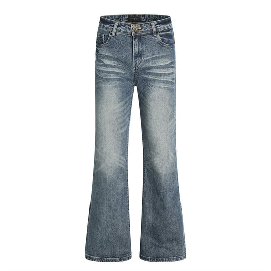 Vintage Washed Denim Flare Pants for Men with Unique Pocket Design