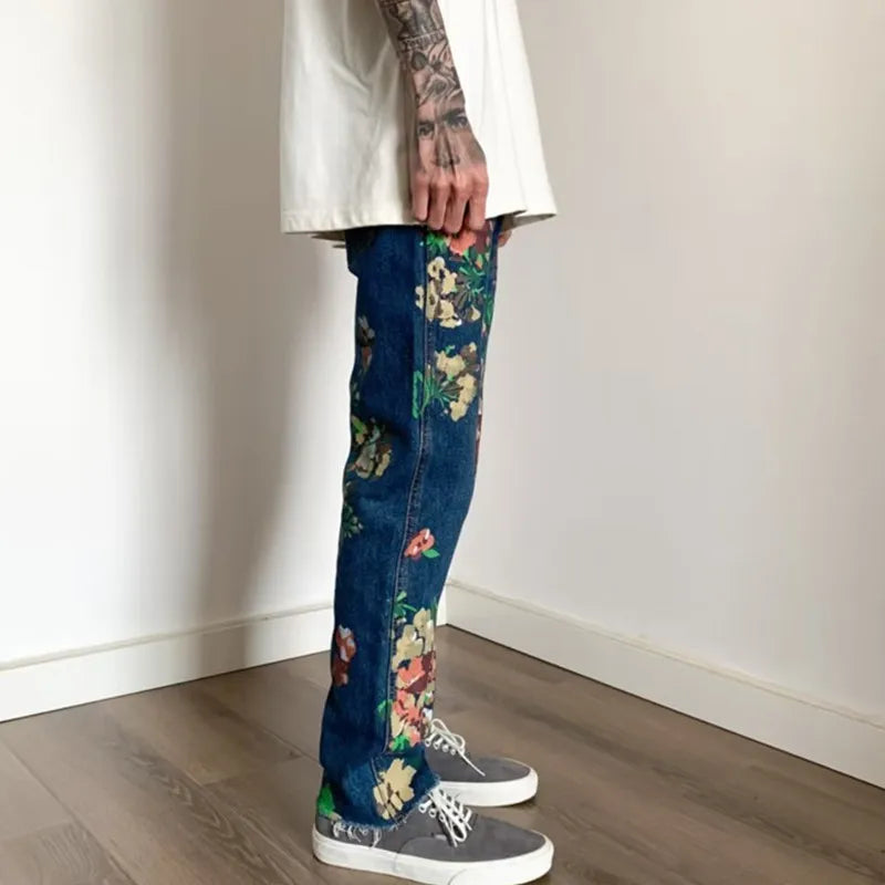 Hand-Painted Floral Graffiti Men's Trendy Jeans