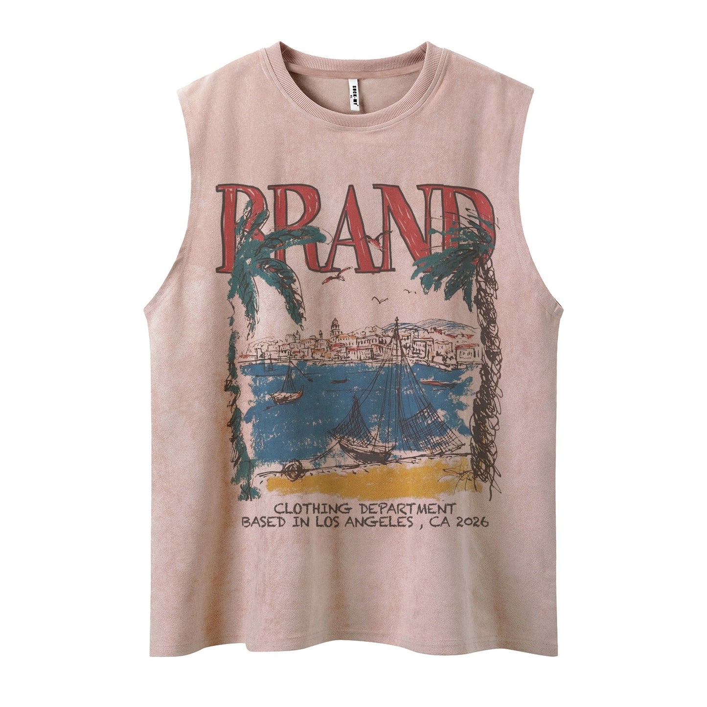 Coastal Graffiti Printed Vest — Loose-Fit Retro Cotton Blend (Pink, Apricot, Grey)