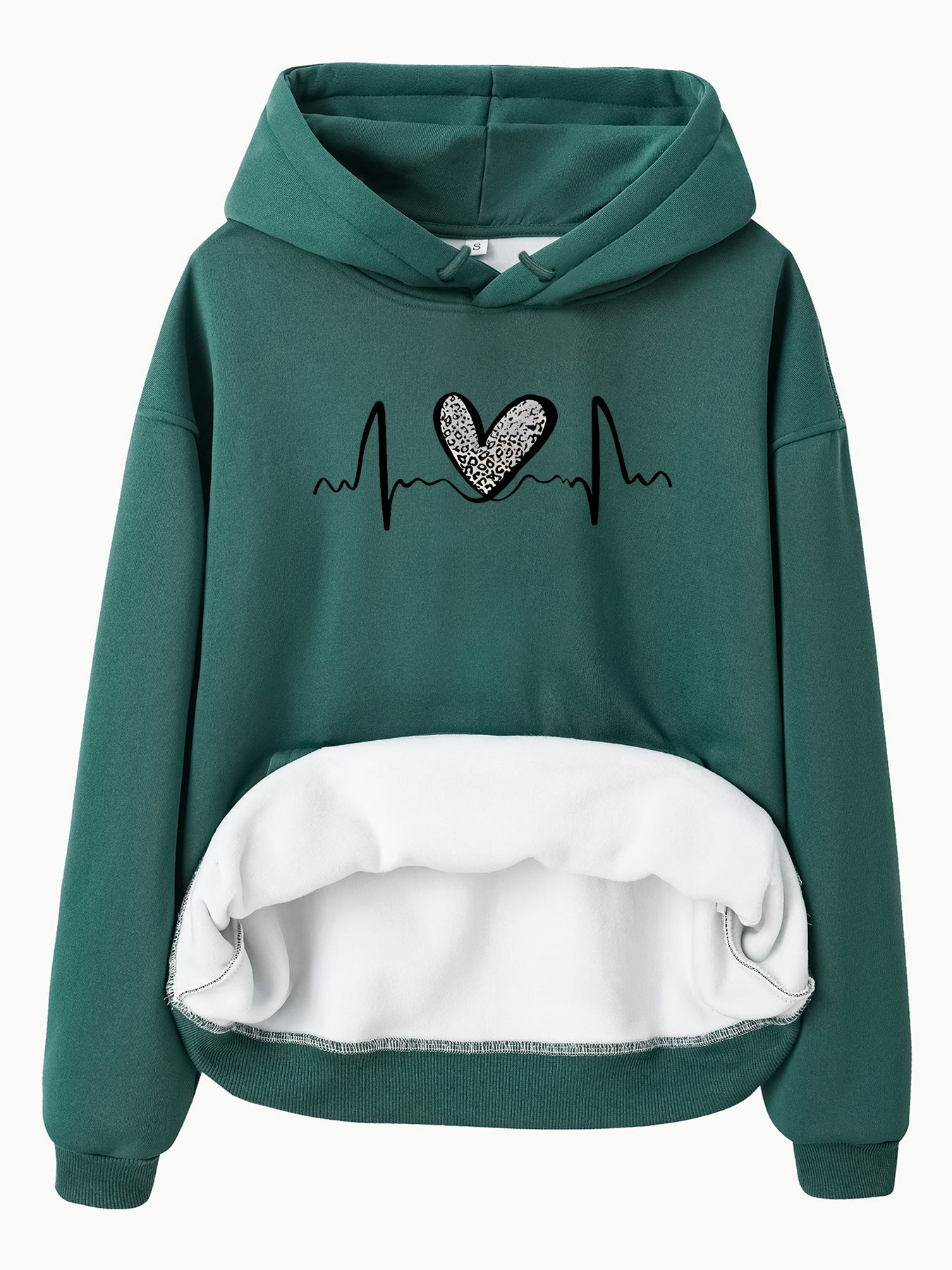 Pocket Hooded Long Sleeved Fleece Sweatshirt with Leopard Print Heart Design
