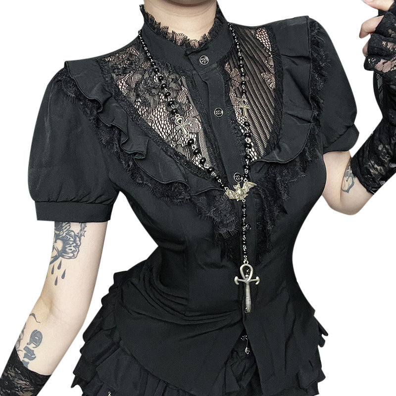 Black Lace Hollow-Out Short-Sleeved Top