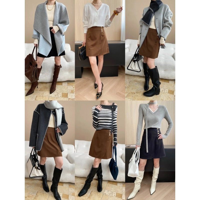 Chic French Vintage Style High-Waisted Slimming A-Line Mini Skirt with Metal Button Design