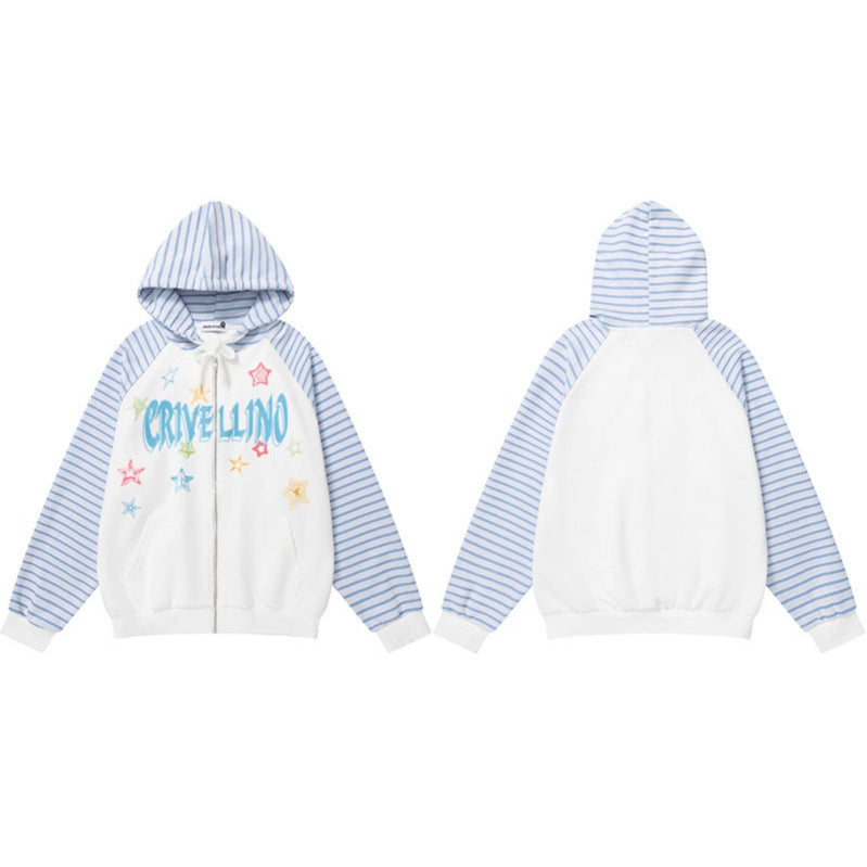 Star Graffiti Hoodie: Versatile Blue and White Stripe Patchwork Cardigan Coat