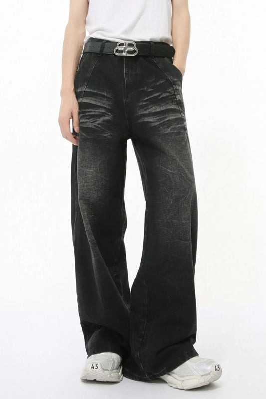 Washed Cat Whiskered Wide Leg Jeans - Harajuku Style