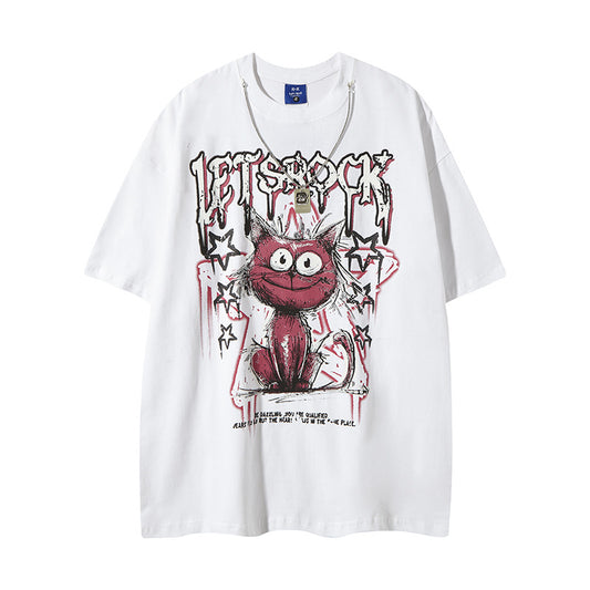 Playful Cartoon Cat Graffiti T-Shirt with Necklace