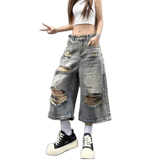Light Colored Perforated Cropped Denim Pants for Women