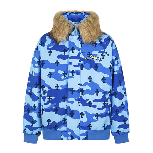 Camouflage Fur-Collar Women's Hooded Zip-Up Jacket Loose Sweatshirt Jacket