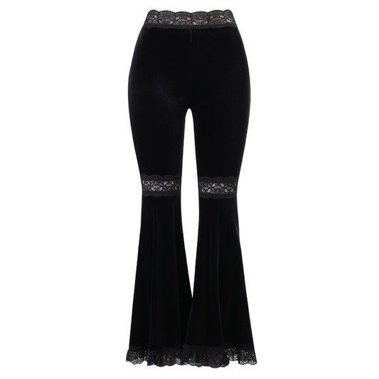 Goth High Waist Velvet Flared Pants - Sexy Lace