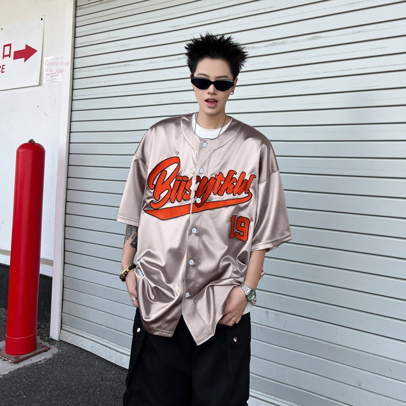 Satin Baseball Short Sleeved Printed Shirt