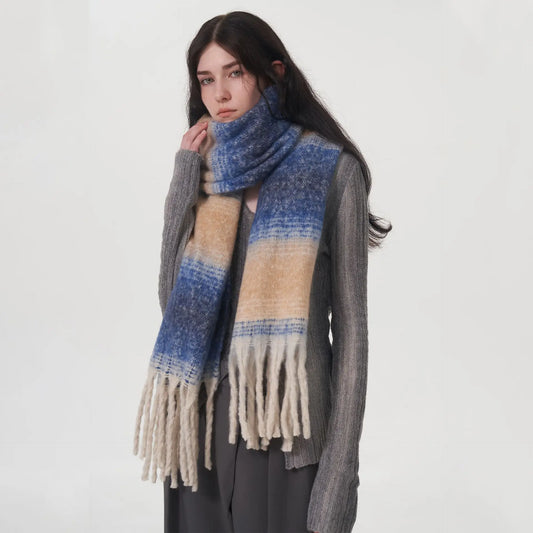 Gradient Color Block Cashmere Scarf with Tassels