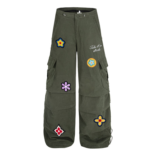 Harajuku Style Embroidered Work Pants with Drawstring