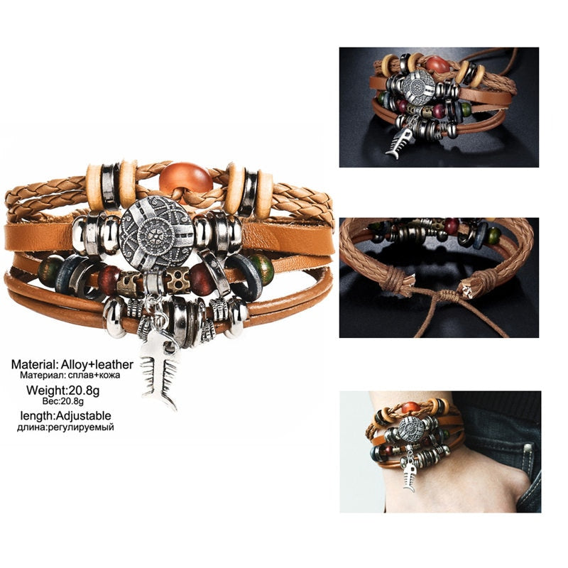 2 pcs Tibetan Stone Feather Multilayer Leather Bracelet Set