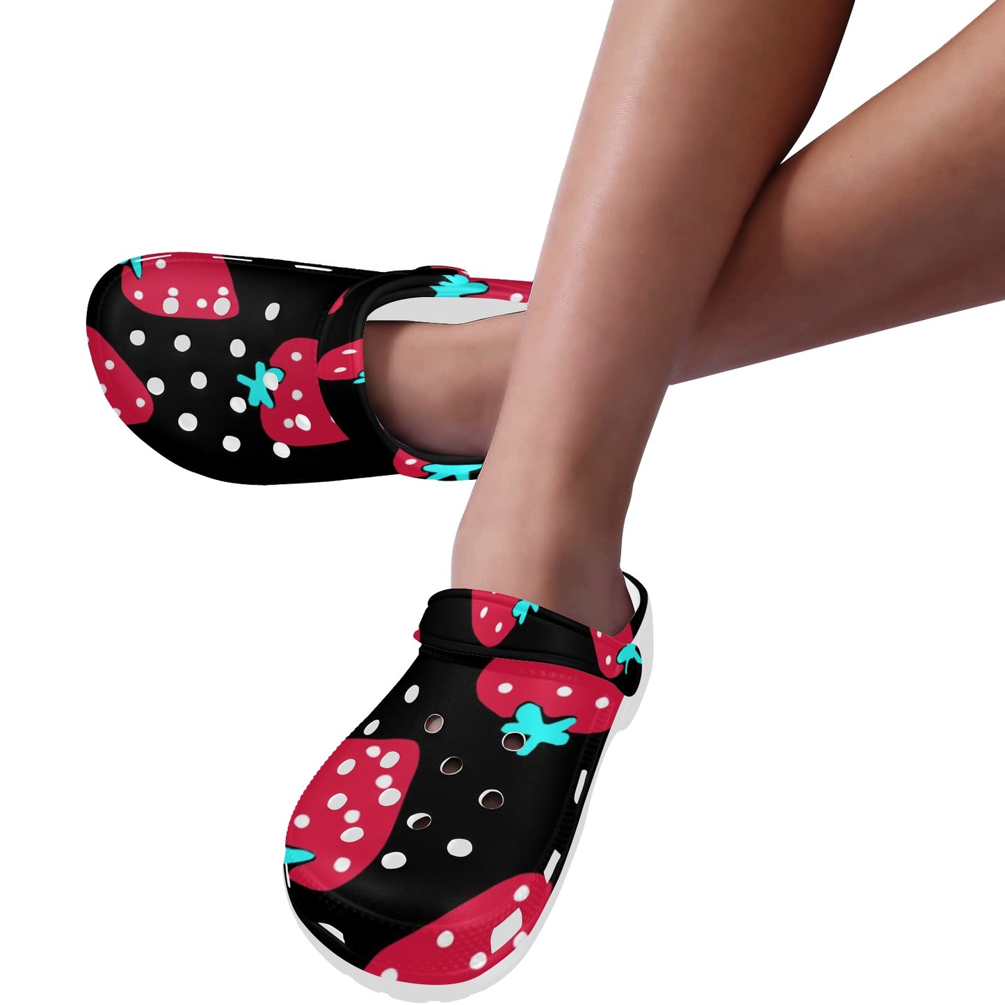 Red Strawberry Black Pattern Print Adults Clogs