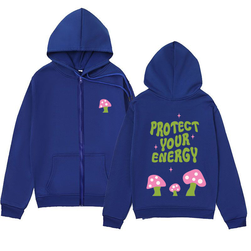"Protect Your Energy" Letter Mushroom Print Zipper Hoodie