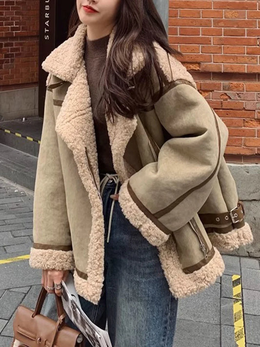 Harajuku-Inspired Green Fur and Lamb Wool Jacket for Women