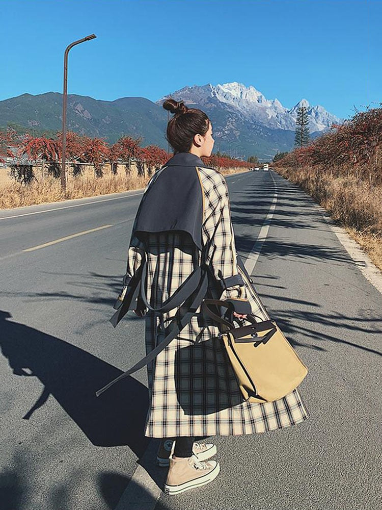 Retro Plaid Over The Knee Windbreaker Coat for Women