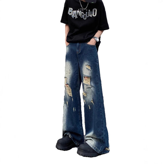 Ripped Blue Denim Loose Straight Pants - Harajuku Style
