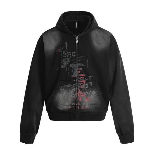 Dark Fuzzy Print Hoodie - Retro Punk Street Style