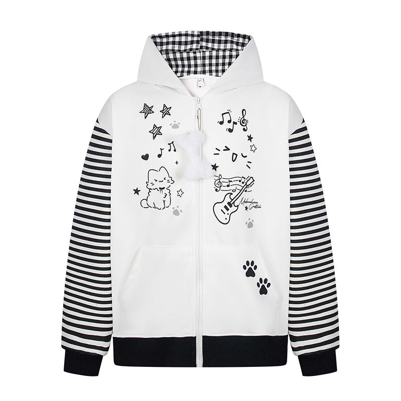 Print Hooded Zip-Up Sweatshirt Striped Patchwork Loose Outerwear Jacket
