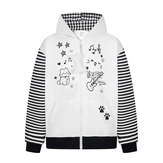 Print Hooded Zip-Up Sweatshirt Striped Patchwork Loose Outerwear Jacket