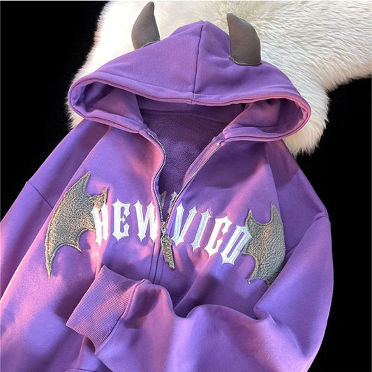 Playful Hooded Zippered Jacket with Cow Horn Patch