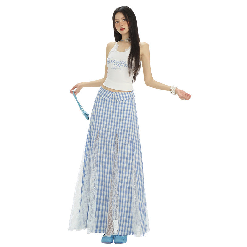 Women's Blue Plaid Summer Dress - Thin Sweet High Waist A-Line Long Skirt with Irregular Lace Detail