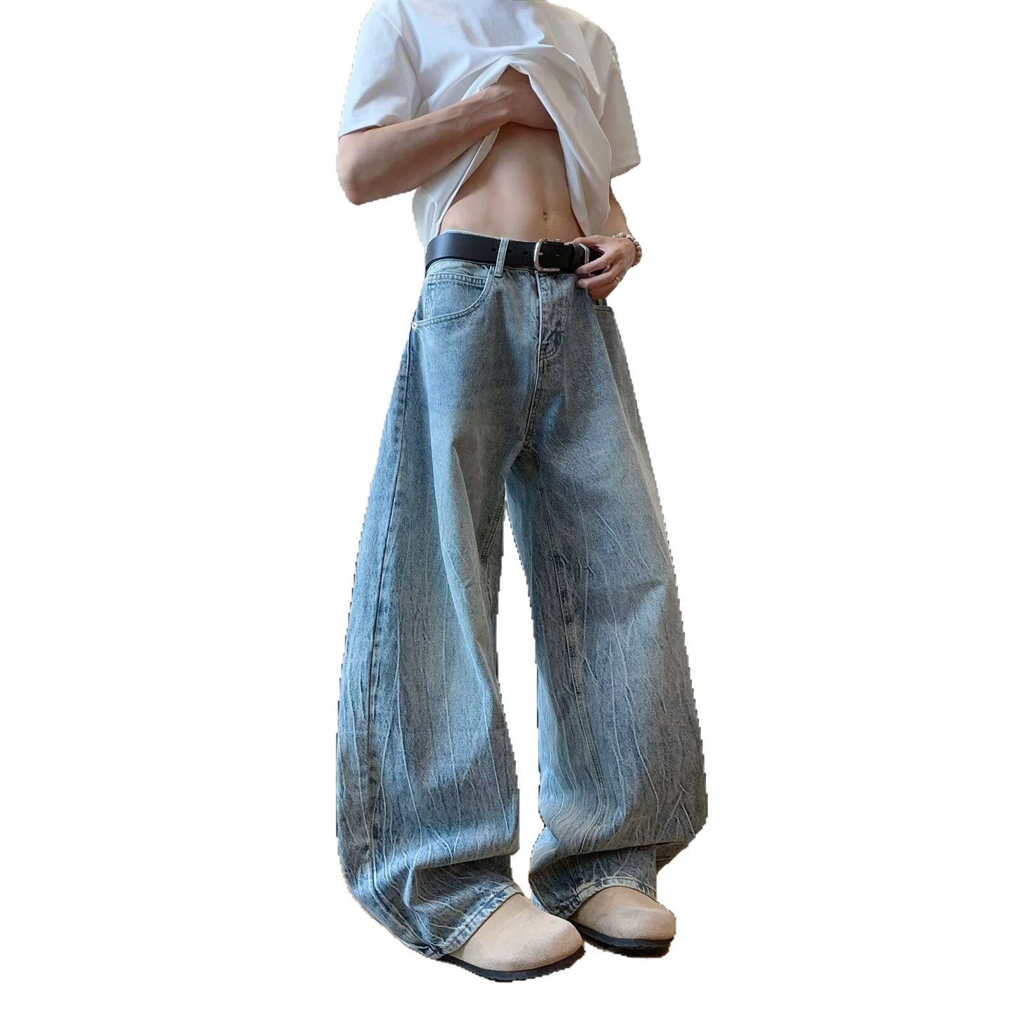 Curved Knife Denim Wide Leg Banana Pants