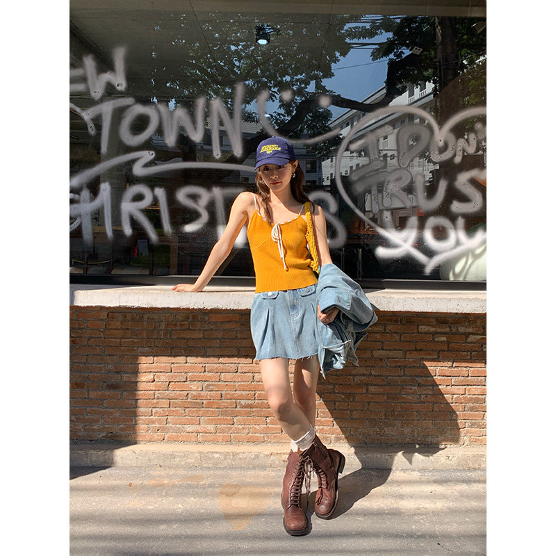Retro Fluffy Denim Mini Skirt