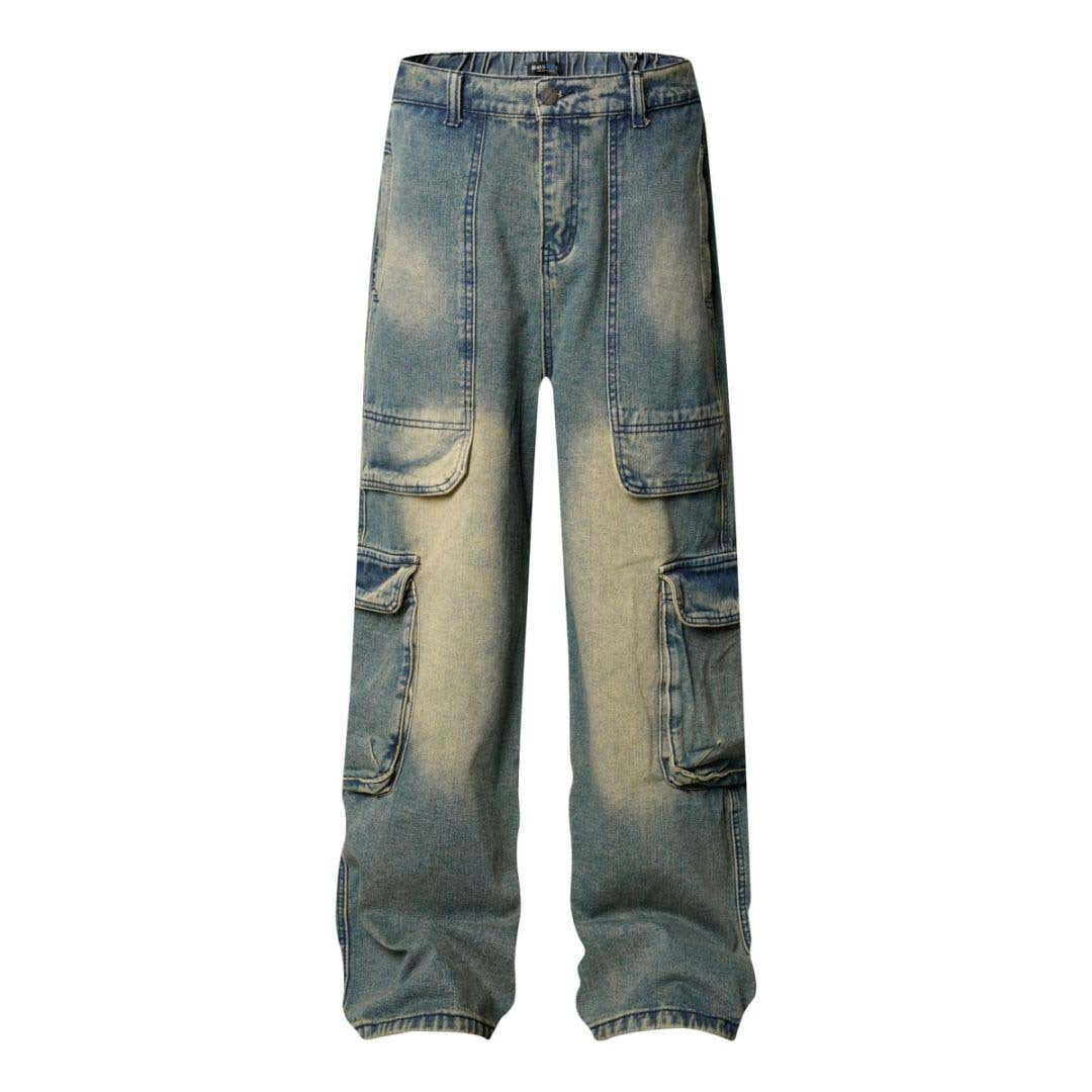 High Street Washed Vintage Multi-Pocket Denim Work Pants