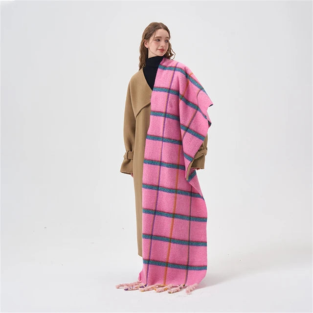 Dopamine Pink Plaid Knotted Tassel Scarf