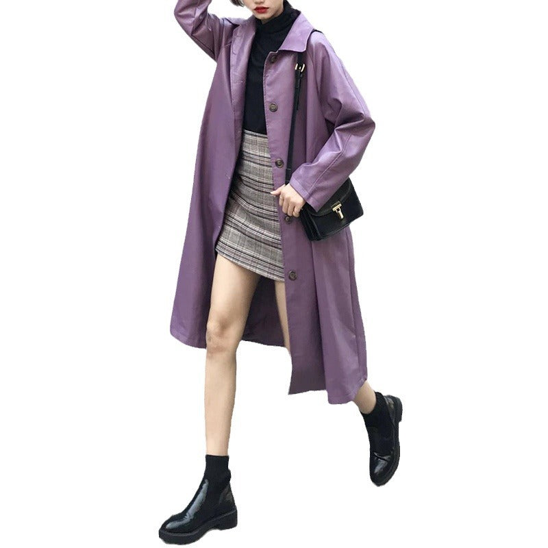 Women’s Purple Bandage PU Leather Trench Coat