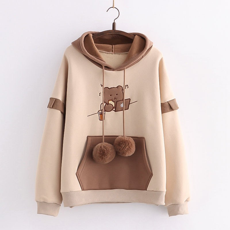 Cute Cartoon Hooded Sweatshirt for Couples with Patchwork Design
