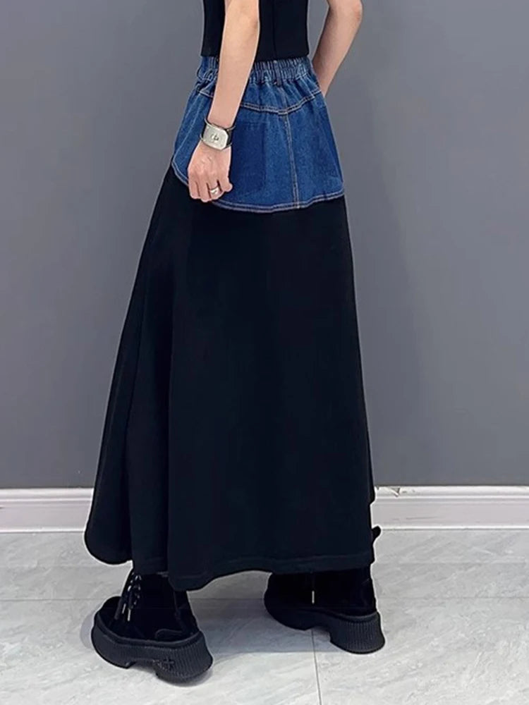 Harajuku Style Color-block Long A-line Denim Skirt